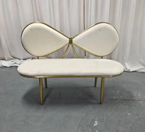 Mirror Gold Stainless Steel Bow Shape Bench White Velvet Double Seat Loveseat for Wedding Banquet Hotel Factory Custom