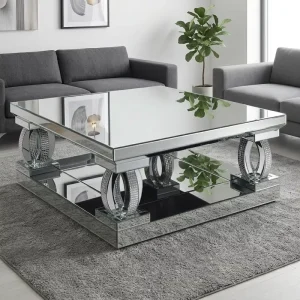 Mirrored Coffee Table with Lower Shelf and Crystal Ring Legs for Home