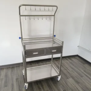 Mobile Stainless Steel Medical Infusion Trolley Hospital Nursing Cart with IV Pole 2 Drawers for Dialysis Center Clinic ICU