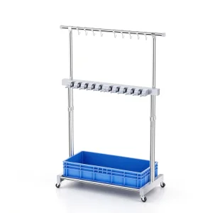 Mobile Wheeled Stainless Steel Mop and Broom Rack Freestanding Cleaning Tool Organizer with Pull-out Stainless Steel Drain Tray