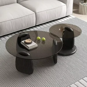 ModHomi Round Coffee Table Set Modern Luxury Glass Top Wooden Base Living Room Furniture Minimalist Side Table for Home