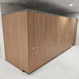 Modern 12mm HPL Toilet Cubicle System with Wood Grain Finish Waterproof & Fireproof for Hotels Hospitals Shower Rooms Gyms
