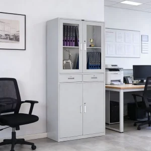 Modern 2 Door Steel File Cabinet with Glass Display Compartment and Drawers Secure Document Storage for Office School Warehouse