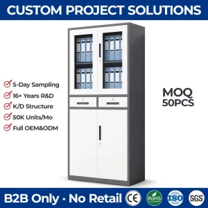Modern 2 Drawer Metal Filing Cabinet with Half Glass Doors and Lower Steel Storage Office Cupboard Lockable White & Grey
