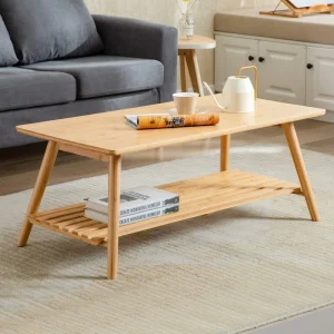 Modern 2 Layer Storage Solid Wood Tea Table Foldable Bamboo Coffee Table for Home Living Room Furniture
