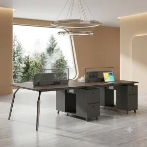 Modern 2 Person Office Workstation Desk with Wooden Top Privacy Screen Storage Drawers Metal Legs for Commercial Office Space