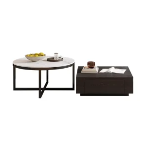 Modern 2 Piece Coffee Table Set Dark Solid Wood Square Coffee Table with Drawers and Round Side Table with Sintered Stone Top
