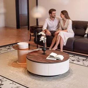 Modern 2 Piece Nested Coffee Table Set with Walnut Top Fluted Storage Drawer and Black Glass Side Table for Coffee Table
