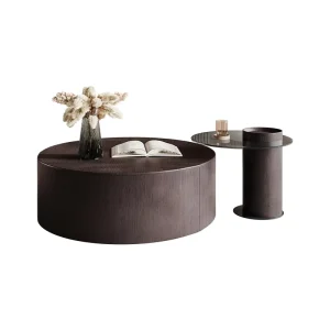 Modern 2 Piece Nesting Coffee Table Dark Wood with Glass Side Table & Storage Drawer