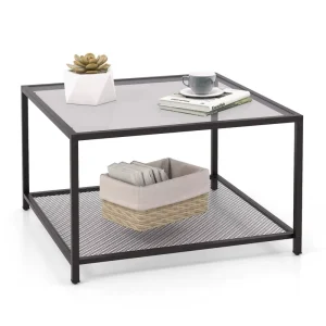 Modern 2 Tier Square Glass Coffee Table with Mesh Shelf Gray
