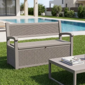 Modern 2 in 1 Outdoor Patio Long Bench with Storage Box Rattan Plastic Waterproof Eco Friendly
