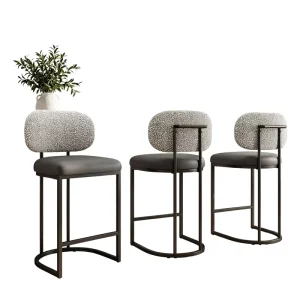 Modern 24.8 Inch Counter Height Bar Stools Set of 3 Grey Boucle Faux Leather Gold Metal Legs 300 lb Capacity for Kitchen Island