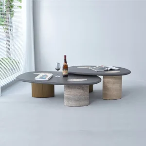 Modern 2PCS Oval Coffee Table Set Natural Marble Base Solid Wood Top Marble Inlay Nesting Center Table for Living Room