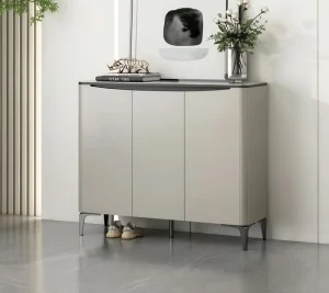 Modern 3 Door Durable Eco Friendly Adjustable Shoe Cabinet Marble Effect Top Sleek Metal Legs Large Capacity Home Furniture