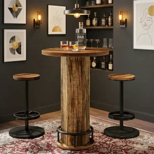 Modern 3-Piece Wood Bar Table Set 2 Bar Stools 2 Chairs Engineered Panel Top Metal Ring Footrest Commercial Use Bar Pub