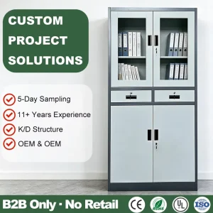 Modern 3 Section Steel Office Cabinet Glass Door Display 2 Lockable Drawers Bottom Storage Cupboard for File Archive