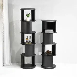 Modern 360 Degree Rotating Bookshelf Black Wooden Multi Tier Round Corner Display Shelf Living Room Furniture