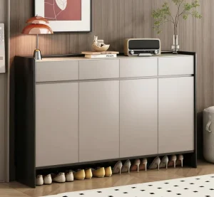 Modern 4-Door Shoe Cabinet Open Bottom Storage Beige Black Two-Tone Finish Eco-Friendly Durable Adjustable