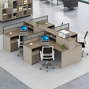 Modern 4 Person Office Cubicle Workstation L Shaped Desk Cluster with Privacy Screens