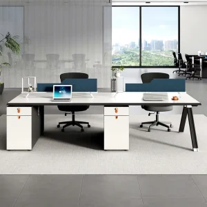 Modern 4 Person Office Workstation Set A Frame Staff Desk with Privacy Screen and Mobile Pedestal Storage Cabinets