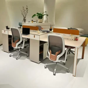 Modern 4 Person Office Workstation Set Modular Staff Desk with Privacy Screen and Integrated Storage Cabinets