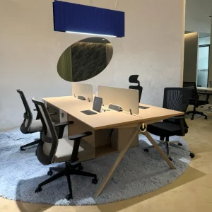 Modern 4 Person Office Workstation Set with Privacy Dividers Built in Power Hubs and Mesh Chairs for Complete Staff Suite