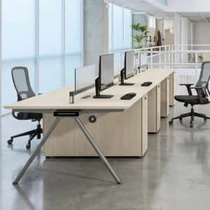 Modern 4 Person Office Workstation with Power Outlets Cubicle Partitions and Storage Cabinets for Corporate