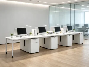 Modern 4 Person Workstation Melamine Laminated MDF Office Desk Cable Holes Lockable Side Storage Cabinets 5 Year Warranty Open