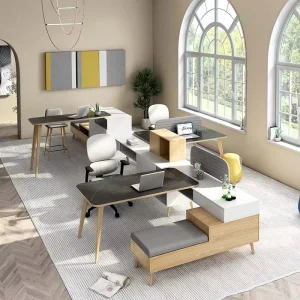 Modern 4 Seater Coworking Space Call Center Office Partition Cubicle Wooden Workstation Desk with Convertible Feature