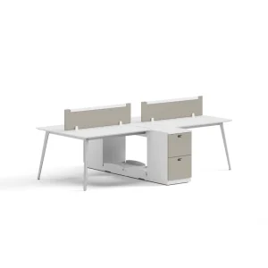 Modern 4 Seater Double Sided Steel MDF Composite Employee Desk Dual Partition Screens Lockable Drawer Cabinet Rounded Corners