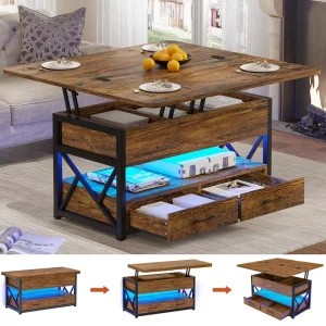 Modern 4 in 1 40″ 2 Drawers LED Light Wood Lift Top Living Room Coffee Table