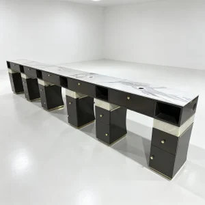 Modern 5 Person Manicure Table Nail Salon Furniture with Dust Collector Power Socket and Storage Cabinet