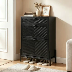 Modern 5 Shelf Black Shoe Cabinet Slatted Door Design Eco Friendly Space Saving Modern European Style Entryway Storage Dining