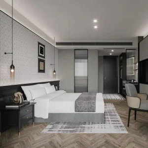 Modern 5 Star Resort Furniture Table and Desk Hotel Bedroom Sets Customized Panel Eco-Friendly Durable