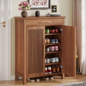 Modern 5 Tier Space Saving Shoe Storage Cabinet with Doors Drawer Wooden Shoe Rack Organizer for Closet Entryway Office Garage
