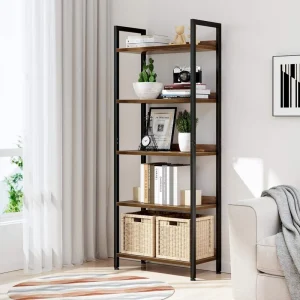 Modern 5 Tier Water Resistant Wood Bookshelf Free Standing Storage Shelving Unit for Home Office Bedroom Living Room