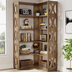 Modern 5 Tier Wood Panel Bookshelf Corner Cabinet For Bedroom Or Living Room
