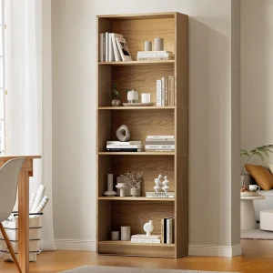 Modern 6 Layer Natural Wood Bookshelf with Display Rack Living Room & Bedroom Storage Furniture for School