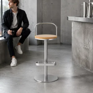 Modern 65cm Counter Height Silver Metal Frame with Teak Wood Seat Fixed Commercial Grade Bar Stool