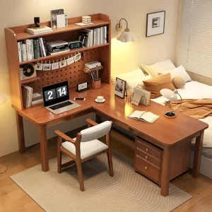 Modern 7 Character L Shape Solid Wood Corner Desk Integrated Bookshelf Table Hole Board for Home Office Bedroom Computer Setup