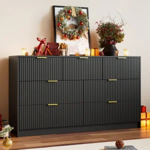 Modern 7 Drawer Dresser Black Chest of Drawers with Fluted Panels Gold Handles Large Storage Cabinet for Bedroom Living Room