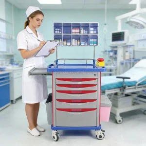 Modern ABS Hospital One Side Tray Anesthesia Emergency Cart Treatment Trolley with 5 Drawers and Trash Cans