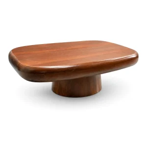 Modern Acacia Wood Coffee Table Rounded Edge Pillow Top Pedestal Base Low Profile Center Furniture for Living Room Hotel