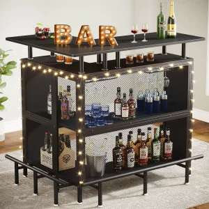 Modern Accent L Shaped Home Bar Table Black Liquor Bar Table with Shelves