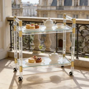 Modern Acrylic and Mirror KD Dining Cart Bar Service Trolley Metal Frame Swivel Wheels for Hotel Home Bar Living Room