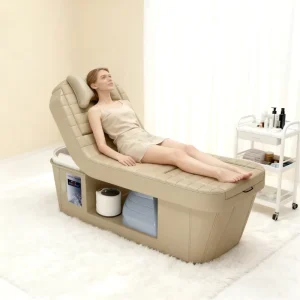 Modern Adjustable Backrest Shampoo Bed with Footbath and Massage Features Wood Salon Furniture
