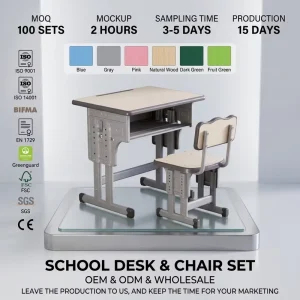 Modern Adjustable Desk and Chair Set for Student Classrooms Custom Sizes Durable Eco-Friendly School Furniture