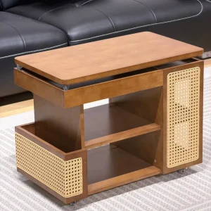 Modern Adjustable Height Rubber Wood Side Table with Mobile Casters and PE Rattan Storage Multi functional for Home Living Room