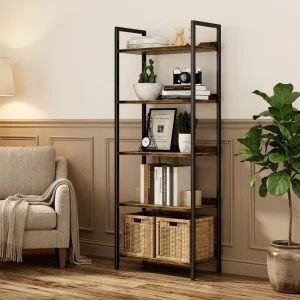 Modern Adjustable Iron & Wood Living Room Furniture Bookshelf Storage Rack with Back Panel for Display Floor/Wall Shelf