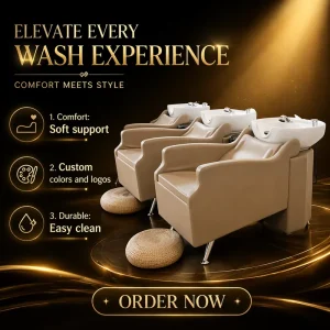 Modern Adjustable PU Leather Shampoo Chair with Ceramic Basin Bowl Sink Professional Beauty Spa Hair Salon Washing Station